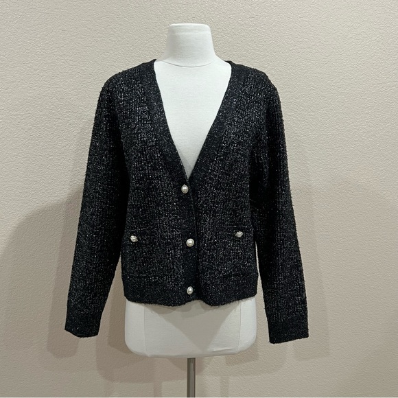 Adyson Parker Black Metallic Silver Thread Cardigan Sweater NWT Size Large - Picture 8 of 13
